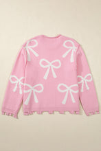 Pink Pearl Beaded Bowknot Pattern Distressed Split Hem Sweater