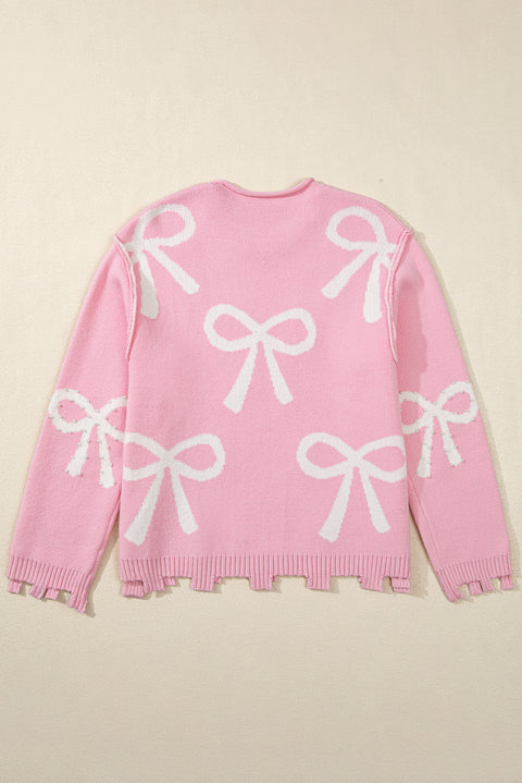 Pink Pearl Beaded Bowknot Pattern Distressed Split Hem Sweater