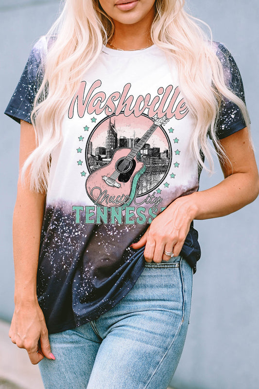 Black Nashville Music City TENNESS Graphic Bleached T Shirt