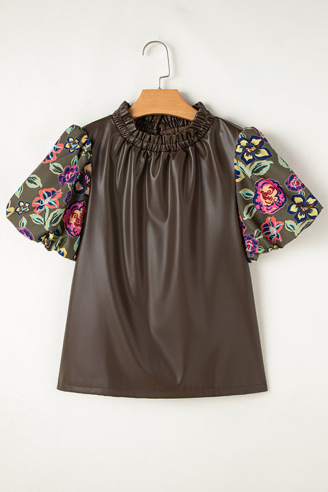 Four Leaf Clover Floral Bubble Sleeve Patchwork Leatherette Frilled Round Neck Blouse