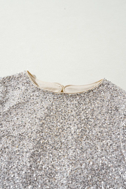 Silvery Sequin Puff Sleeve Cutout Back Blouse