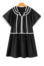 Black Contrast Ricrac Trim Short Sleeve V Neck Loose Mini Dress