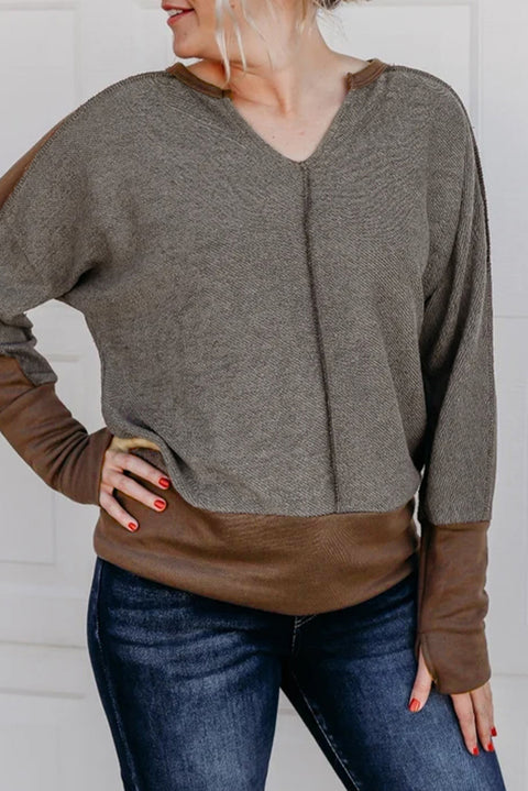 Brown Contrast Patchwork Thumbhole Sleeve Top