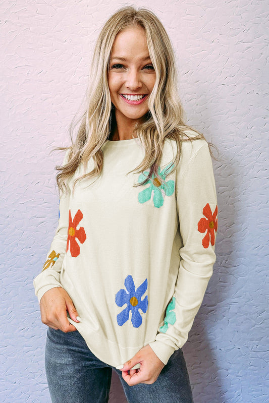 White Sweet Floral Pullover Sweater