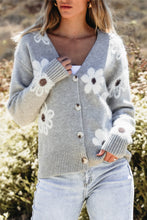 Light Grey Floral Print V Neck Knitted Button up Cardigan