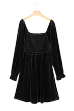 Black Velvet Flounce Sleeve Shirred Bodice Plus Babydoll Dress