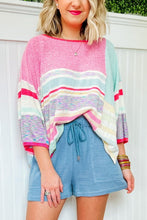 Pink Color Block Striped Three-Quarter Sleeve Knitted Top