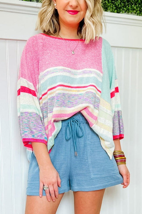 Pink Color Block Striped Three-Quarter Sleeve Knitted Top