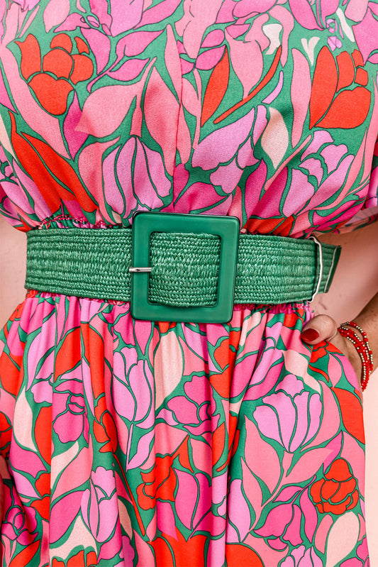 Dark Green Bohemian Woven Square Buckle Wide Belt