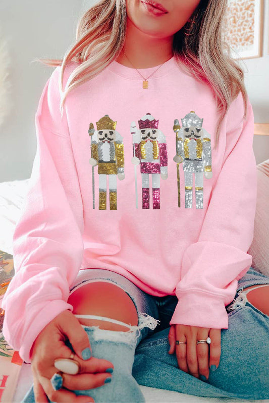 Pink Christmas Nutcracker Patched Drop Shoulder Sweatshirt