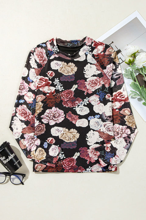 Pink Mesh Floral Print Mock Neck Long Sleeve Slim Top