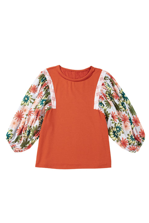 Desert Gold Floral Puff Sleeve Patchwork Round Neck Blouse