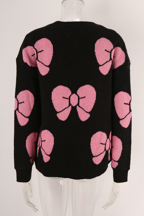 Black Valentine Bowknot Knitted Round Neck Fashion Sweater