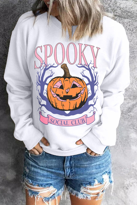 Beige SPOOKY SOCIAL CLUB Halloween Pumpkin Face Graphic Sweatshirt