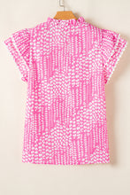 Pink Abstract Print Ric Rac Trim Flutter Sleeve Notch V Neck Blouse