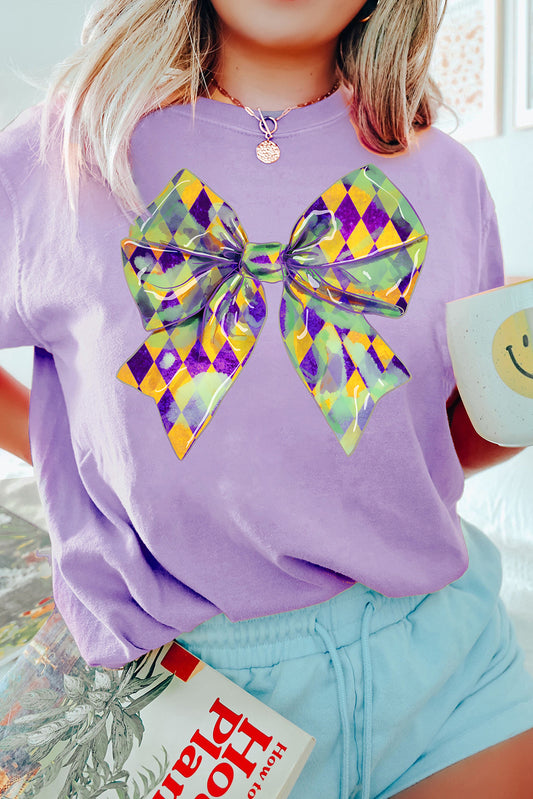 Wisteria Mardi Gras Bowknot Pattern Crew Neck T Shirt