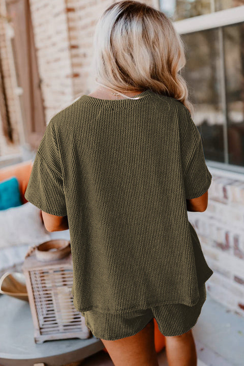 Jungle Green Ribbed Textured Knit Loose Fit Tee and Shorts Set