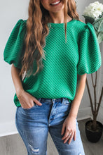 Sea Green Solid Textured O Neck Puff Sleeve Blouse