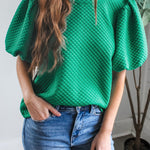 Sea Green Solid Textured O Neck Puff Sleeve Blouse