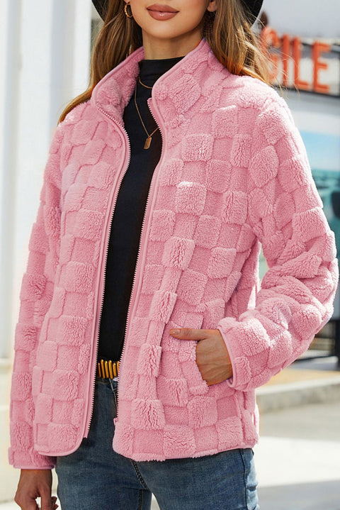 Pink Solid Checkered Side Pockets Zipper Fleece Jacket