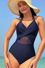 Navy Blue Halter Mesh Insert Cross Front One-Piece Swimsuit