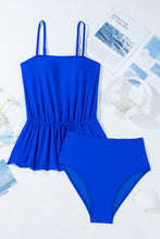 Dark Blue Bow Peplum Waist Spaghetti Straps Tankini Set