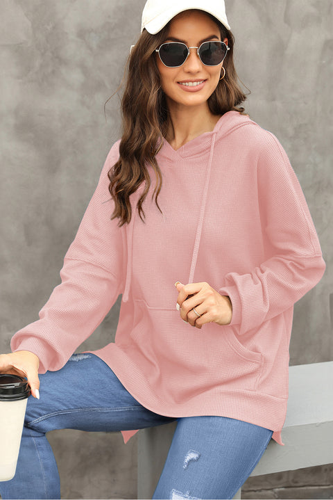 Light Pink Waffle Knit Fleece Lined High Low Oversized Hoodie