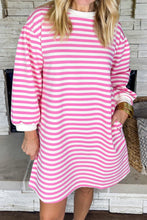 Pink Stripe Round Neck Puff Sleeve Pocketed Shift Dress