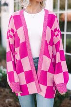 Rose Red Checkered Printed Ribbed Trim Open Front Cardigan