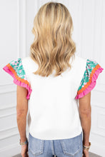 White Floral Print Ruffled Flutter Sleeve T Shirt