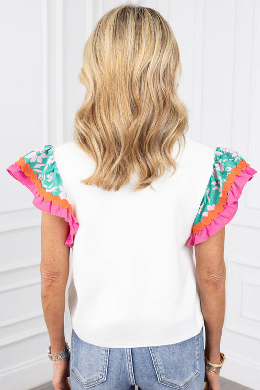 White Floral Print Ruffled Flutter Sleeve T Shirt