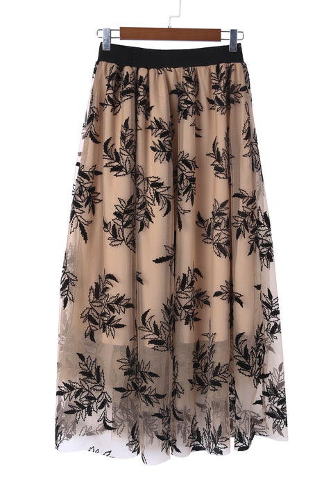 Floral Leaves Embroidered High Waist Maxi Skirt