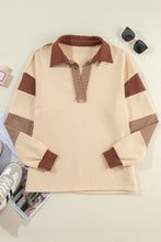 Light French Beige Striped Colorblock Patchwork Collar Sweatshirt