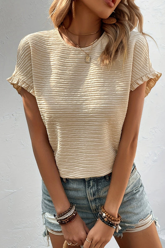 Apricot Solid Textured Ruffled Short Sleeve Blouse