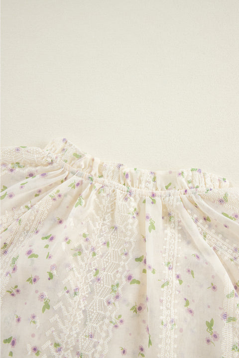 White Floral Embroidered Lace Bubble Sleeve Shirt