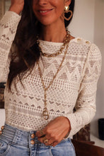 White Geometric Lace Buttoned Decor Long Sleeve Blouse