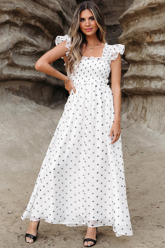 White Polka Dot Flutter Sleeve Square Neck Smocked Maxi Dress