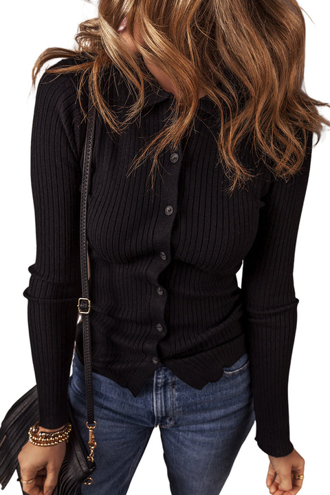 Black Ribbed Knit Collared Slim Fit Sweater Cardigan