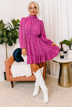 Rose Leopard Puff Sleeve Knotted High Neck Ruffle Dress