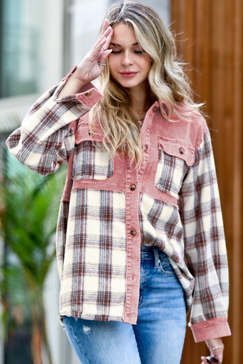 Plaid Corded Patchwork Flap Pocket Shacket