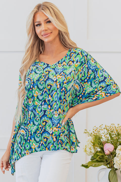 Green Abstract Print V Neck Half Sleeve Loose Fit Tunic Blouse