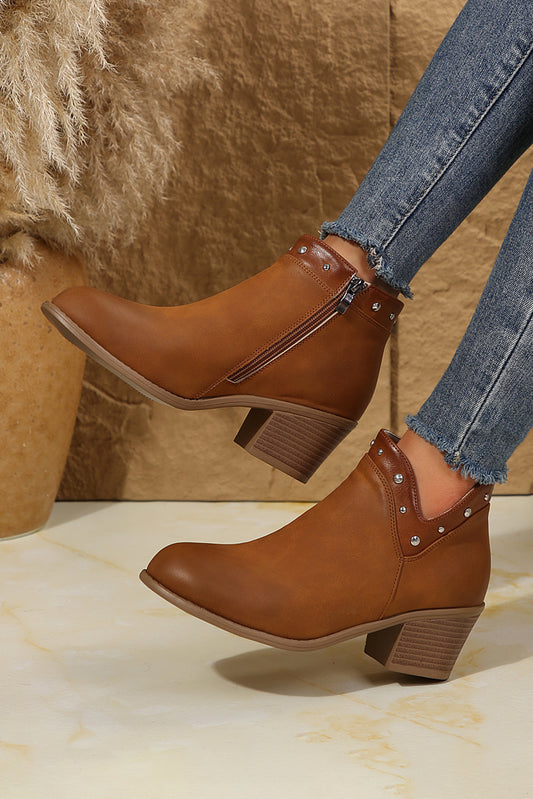 Chestnut Studded Faux Leather Chunky Heel Ankle Boots