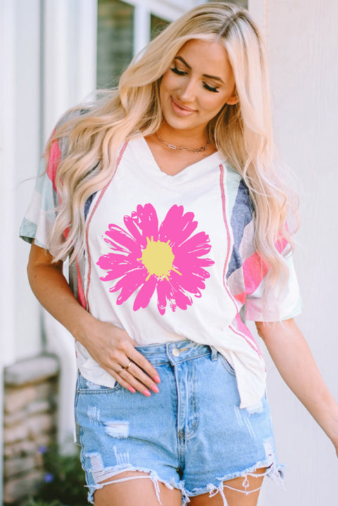 White Daisy Printed Striped Colorblock Sleeve V Neck T Shirt