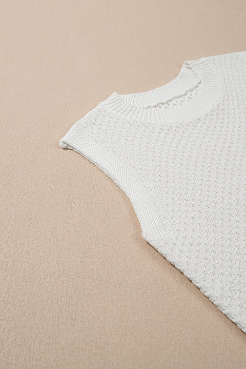 White Solid Color Eyelet Knit Crew Neck Sweater Vest