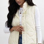 Beige Quilted High Neck Button Up Pocket Vest Coat