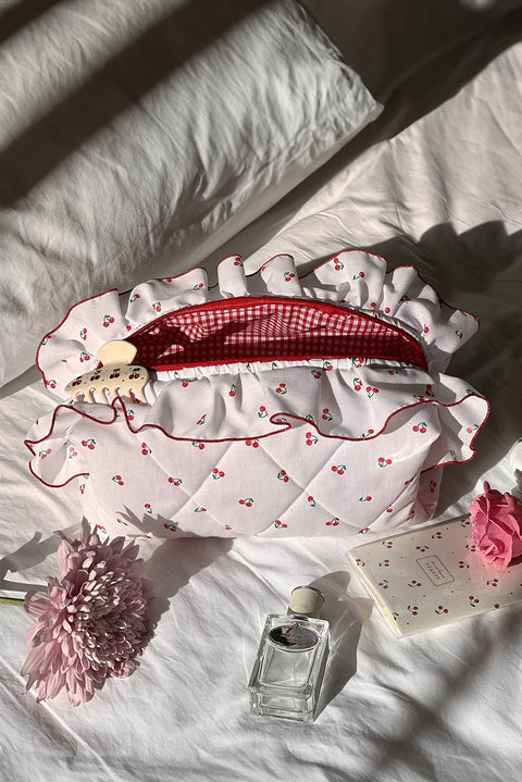 White Quilted Cherry Printed Ruffled Zipper Makeup Bag