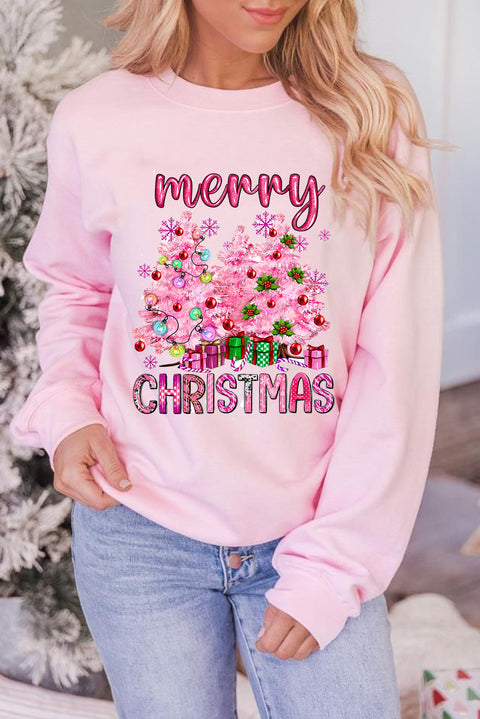 Pink Merry Christmas Graphic Crew Neck Pullover Sweatshirt