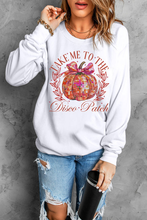 Beige Halloween Disco Ball Pumpkin Print Pullover Sweatshirt