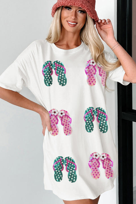 White Sequin Flip Flops Graphic Tunic T Shirt