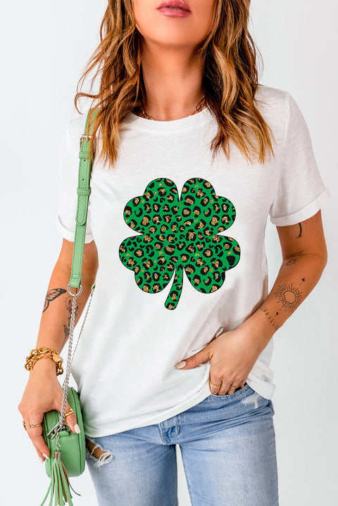 White Leopard Four Leaf Clover Graphic Tee